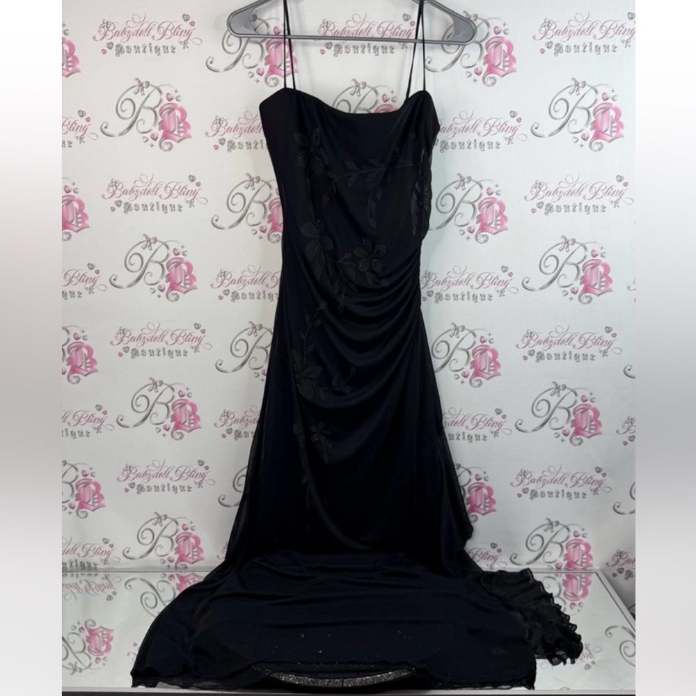 Jessica dress long 3D sparkly flowers floral Y2K cinch Strapless Black Dress